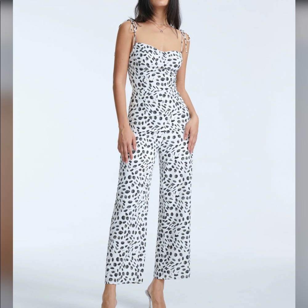 Commense Tie Strap Contrast Print Wide Leg Jumpsuit